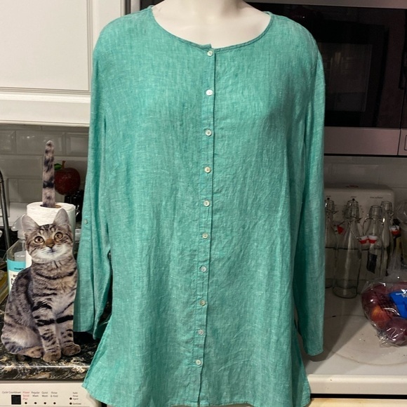 N womens Tahari solid green long sleeve button up plus size top 2X.  EUC - Picture 1 of 3